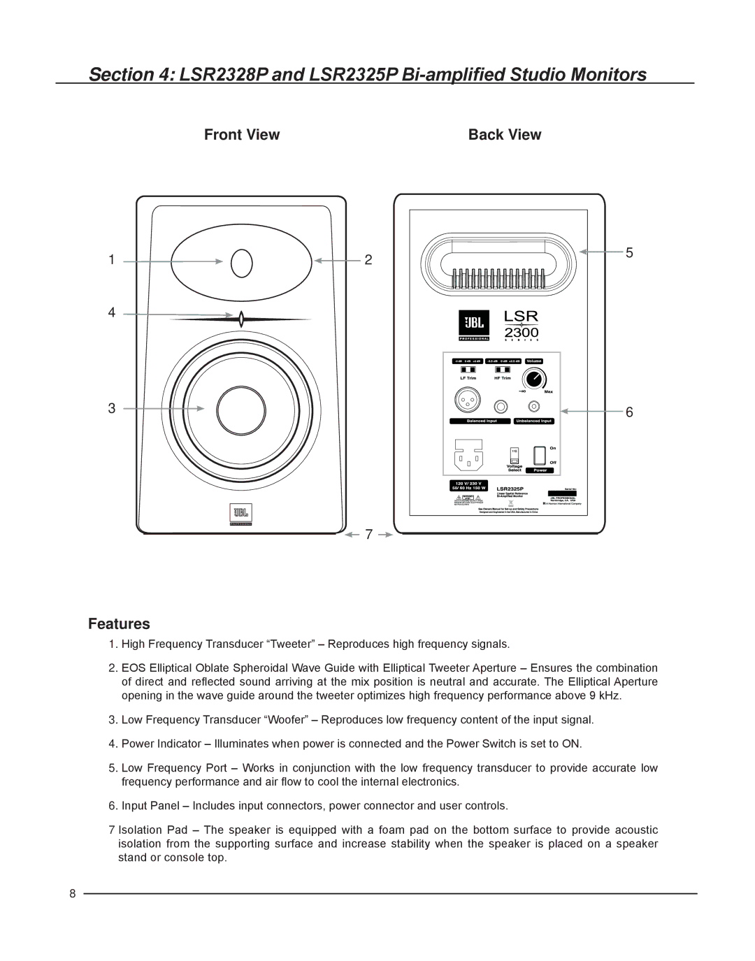 JBL owner manual LSR2328P and LSR2325P Bi-amplified Studio Monitors, Front View Back View, Features 