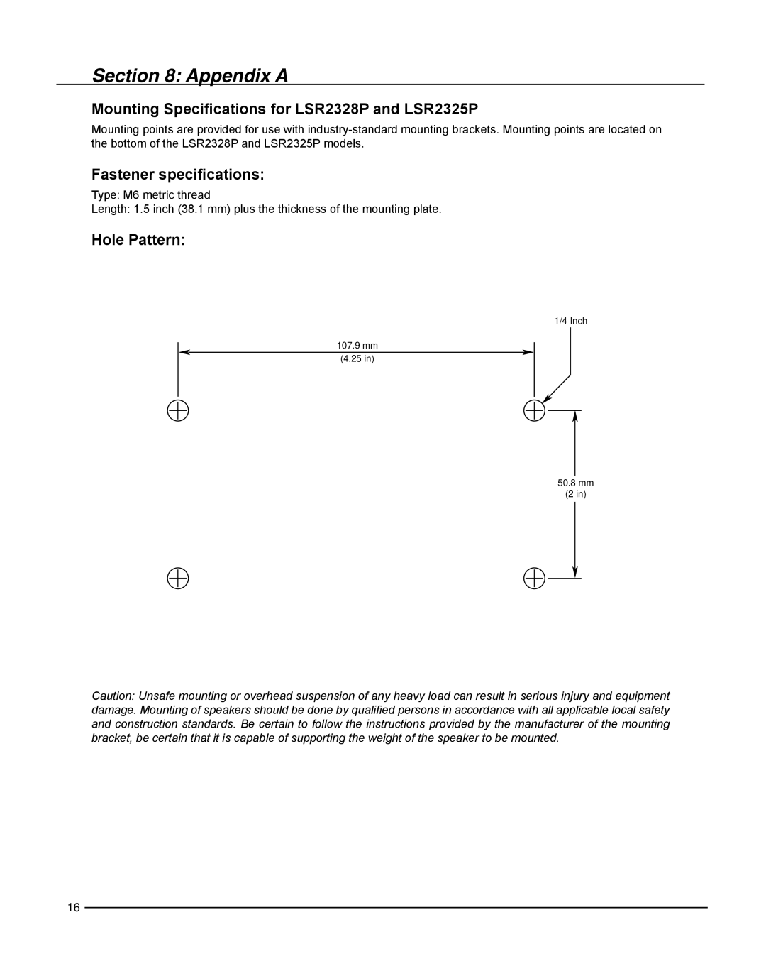 JBL owner manual Appendix A, Mounting Specifications for LSR2328P and LSR2325P, Fastener specifications, Hole Pattern 