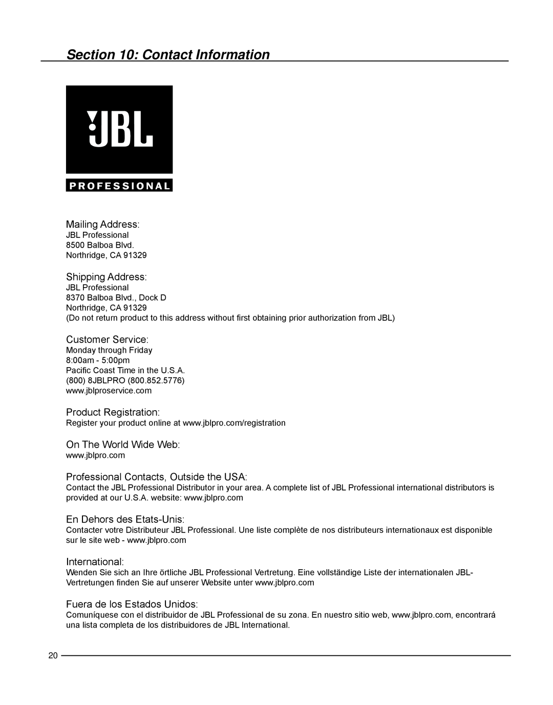 JBL LSR2328P Contact Information, Mailing Address, Shipping Address, Customer Service, Product Registration, International 