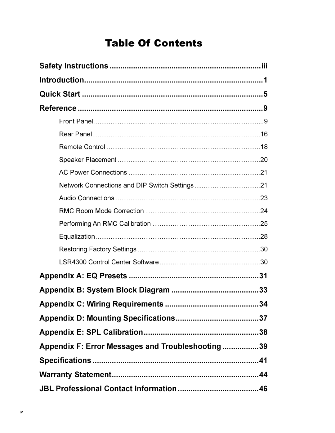 JBL LSR4326P, LSR4328P owner manual Table Of Contents 