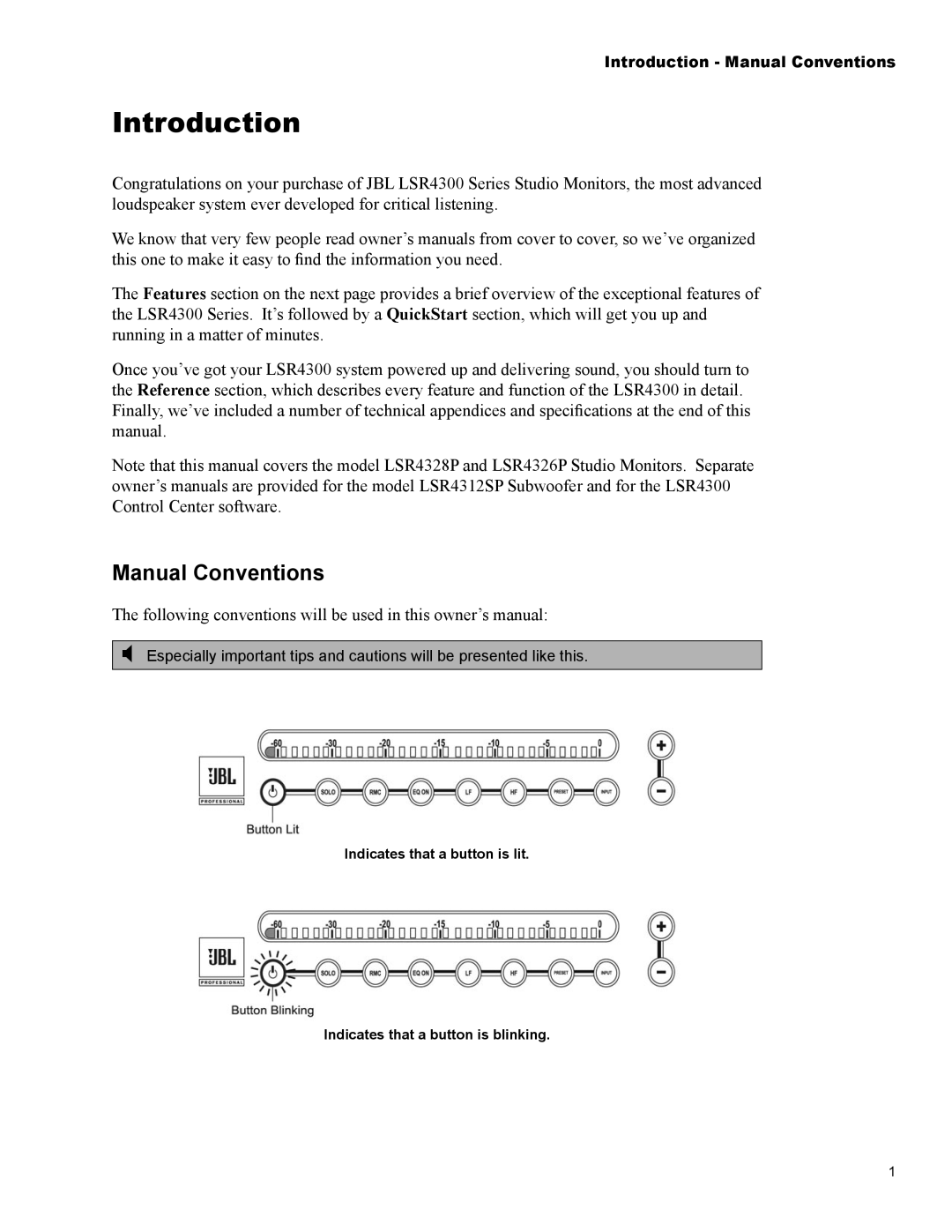 JBL LSR4328P, LSR4326P owner manual Introduction, Manual Conventions 