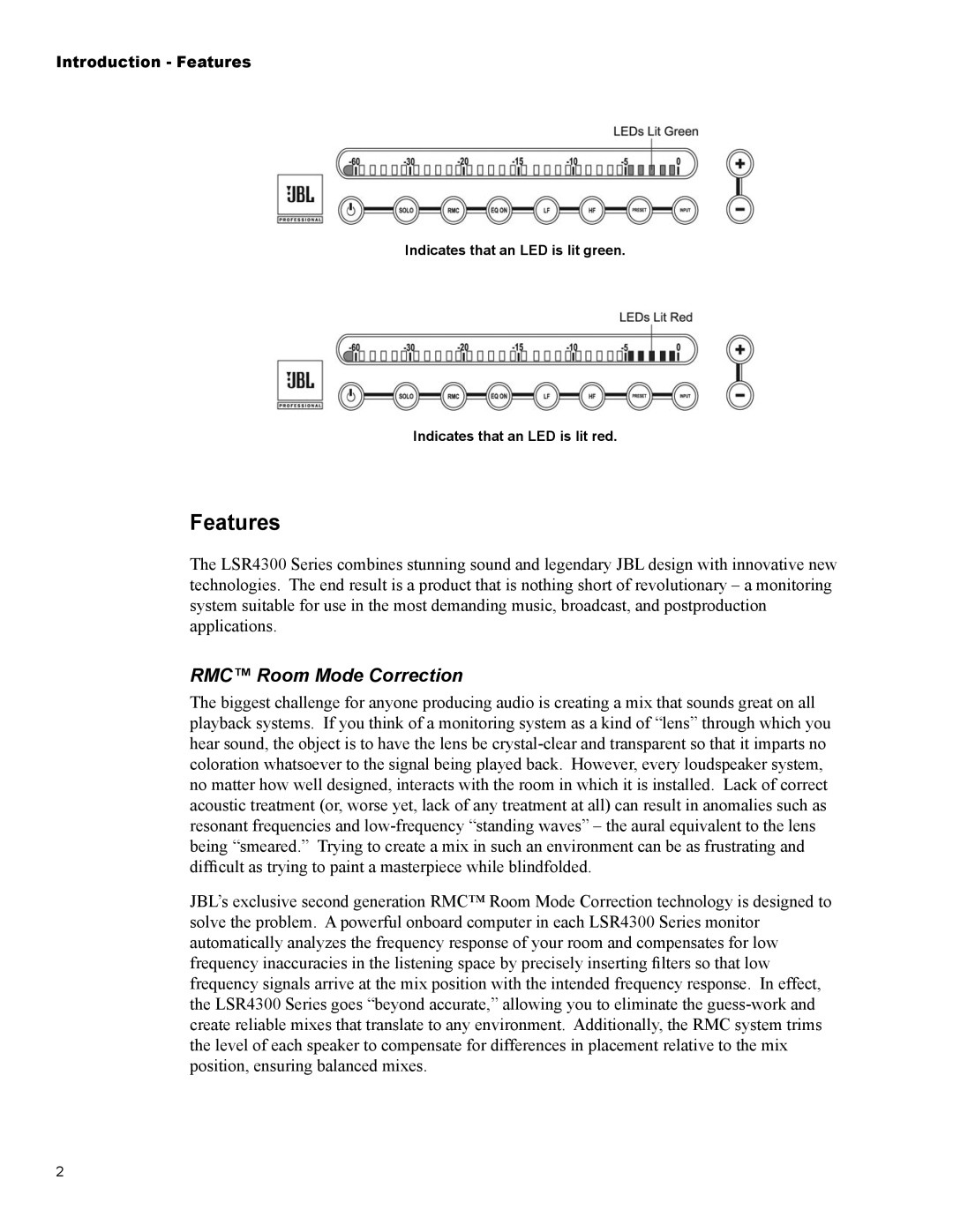 JBL LSR4326P, LSR4328P owner manual Features, RMC Room Mode Correction 