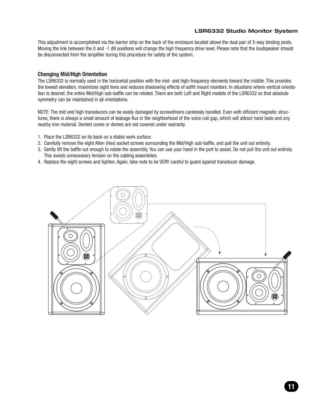 JBL LSR6300 owner manual Changing Mid/High Orientation, LSR6332 Studio Monitor System 