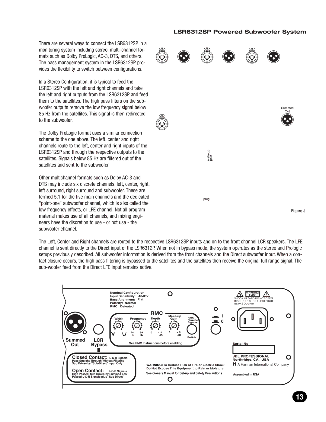 JBL LSR6300 owner manual LSR6312SP Powered Subwoofer System, Lcr 