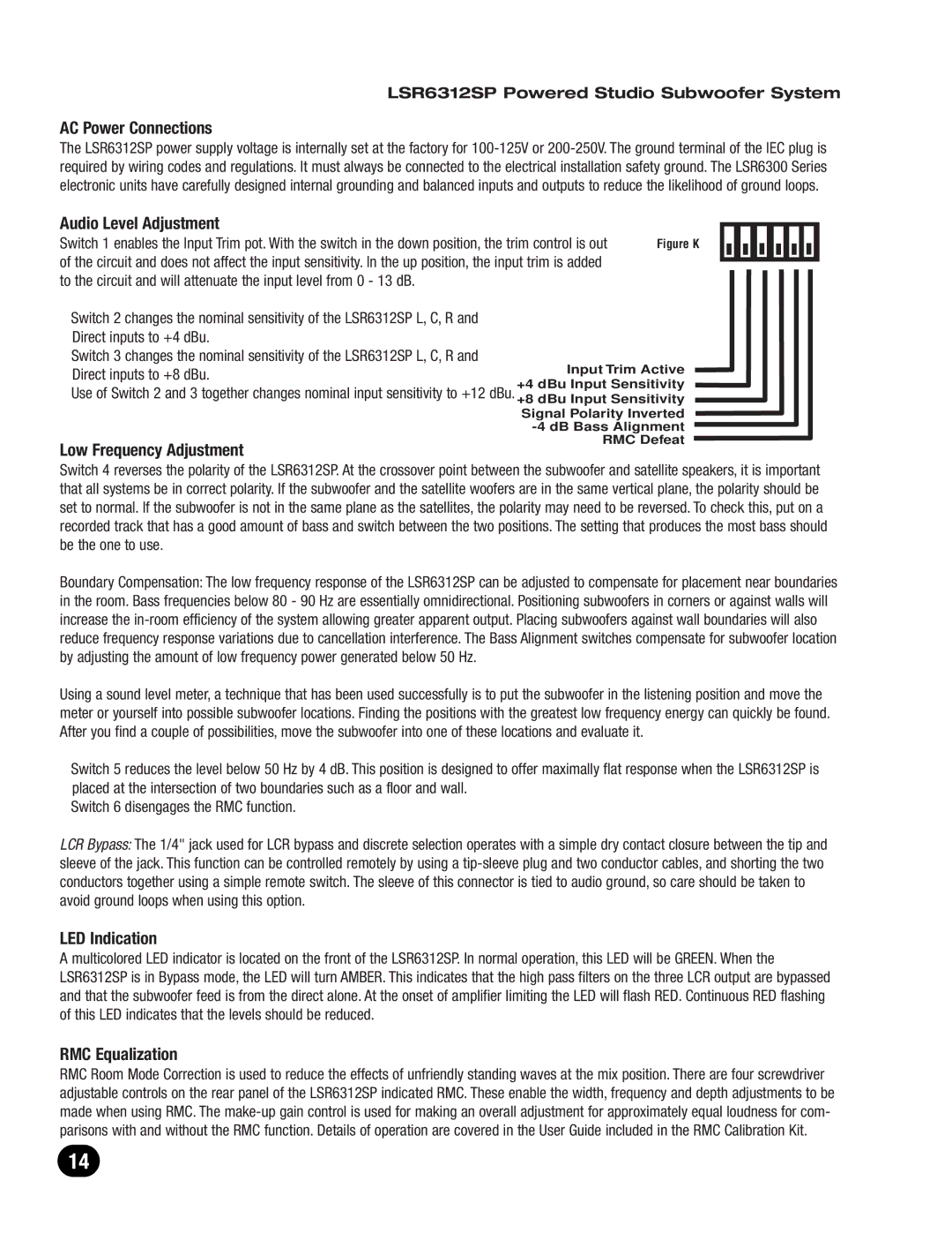 JBL LSR6300 owner manual AC Power Connections, Audio Level Adjustment, Low Frequency Adjustment 