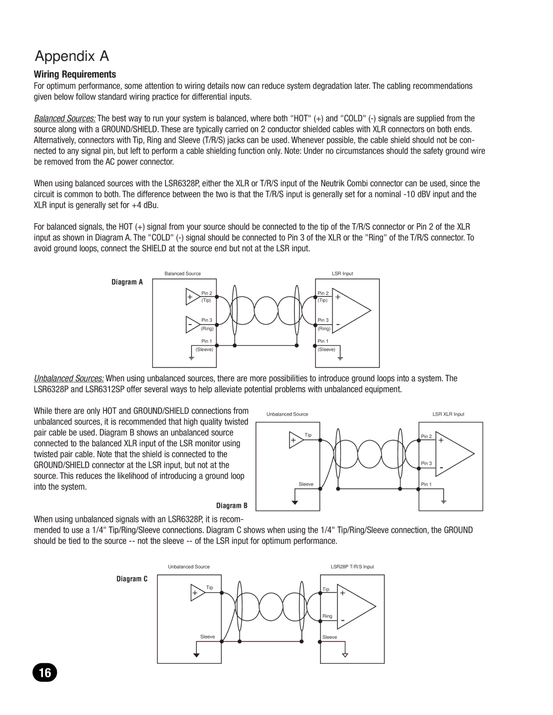 JBL LSR6300 owner manual Appendix a, Wiring Requirements 