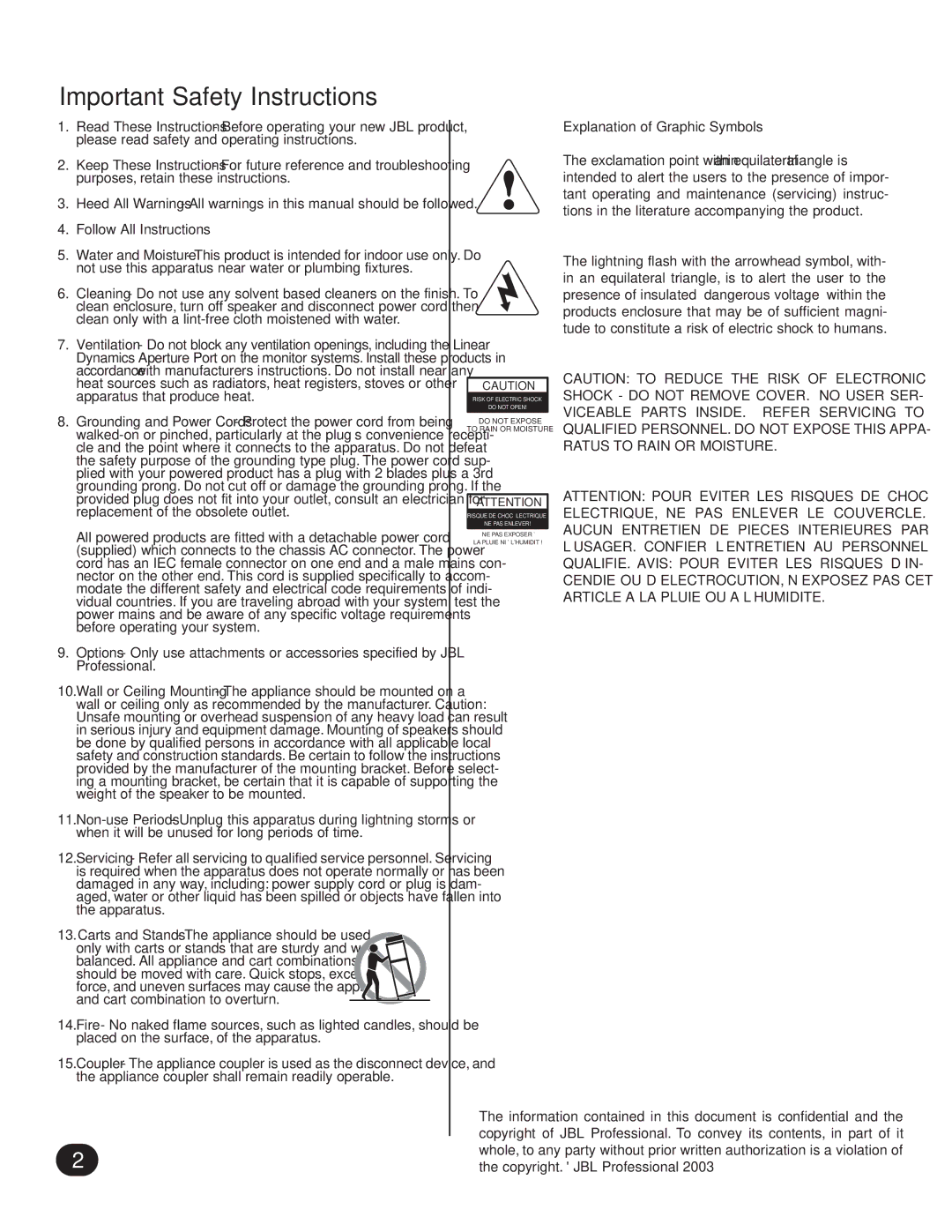 JBL LSR6300 owner manual Important Safety Instructions, Follow All Instructions 