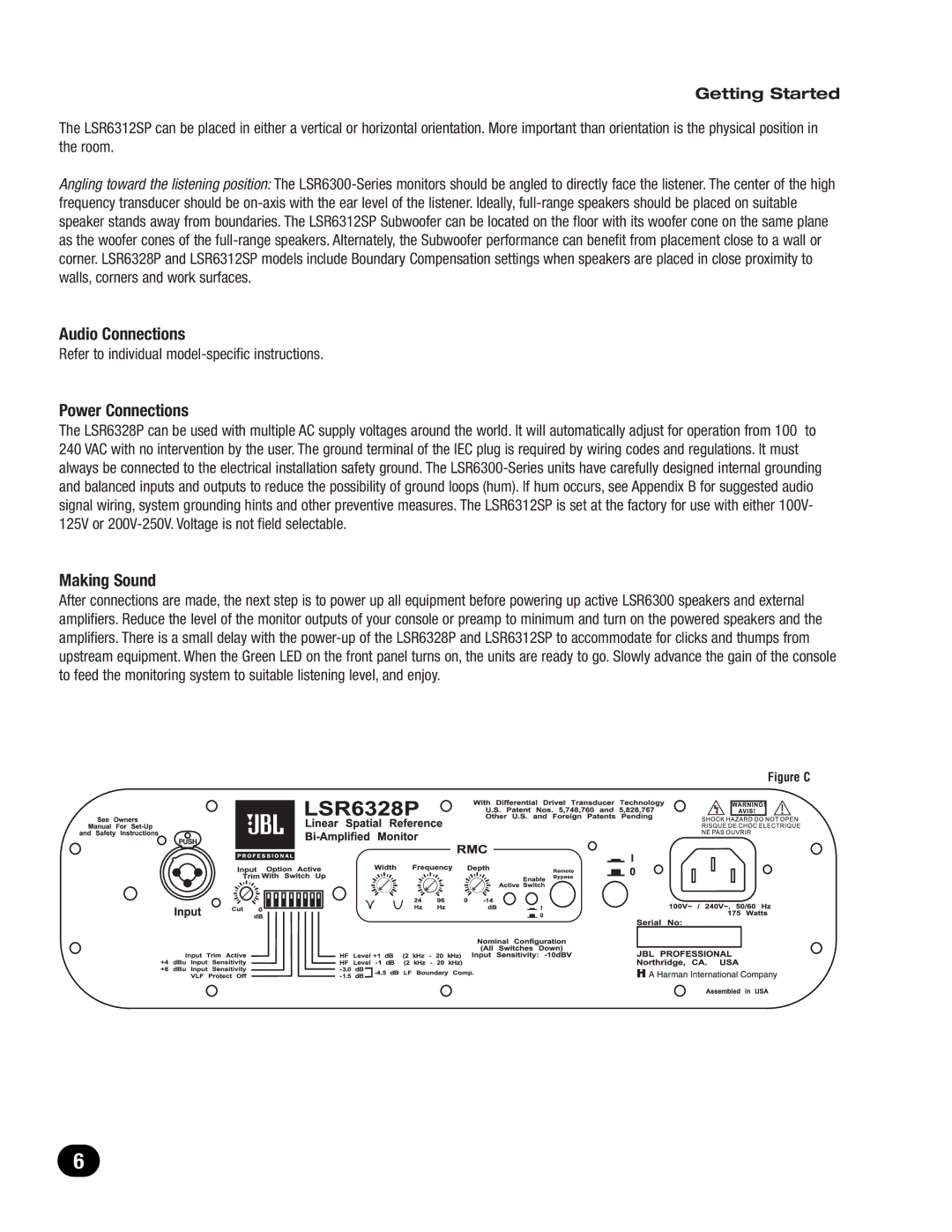 JBL LSR6300 owner manual Audio Connections, Power Connections, Making Sound, Getting Started 