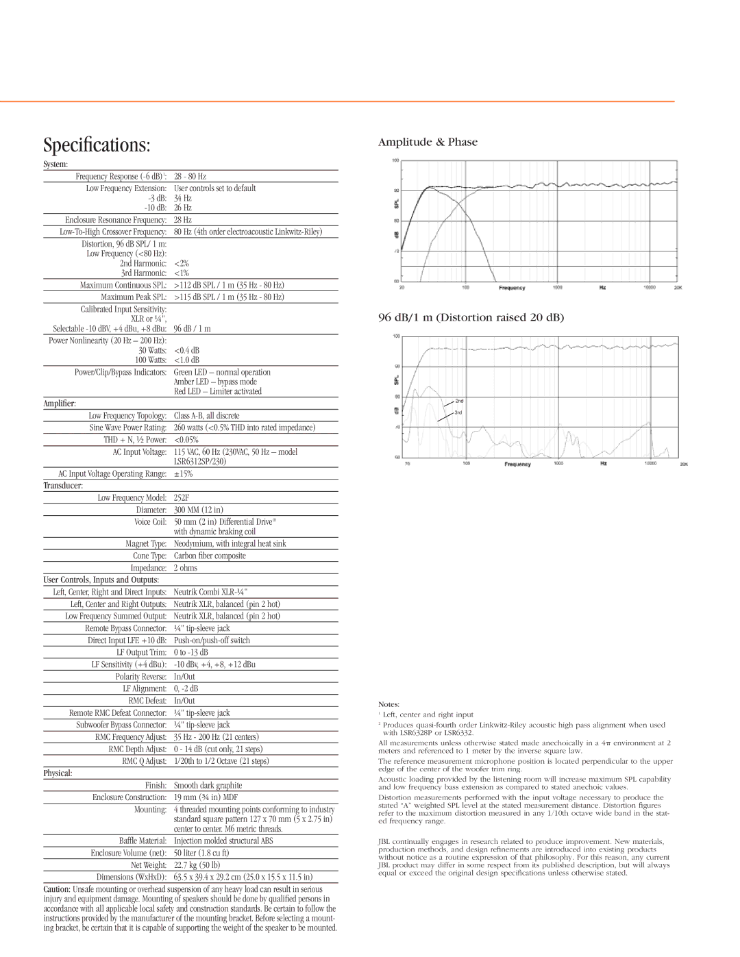 JBL LSR6312SP manual Speciﬁcations, Amplitude & Phase 96 dB/1 m Distortion raised 20 dB 