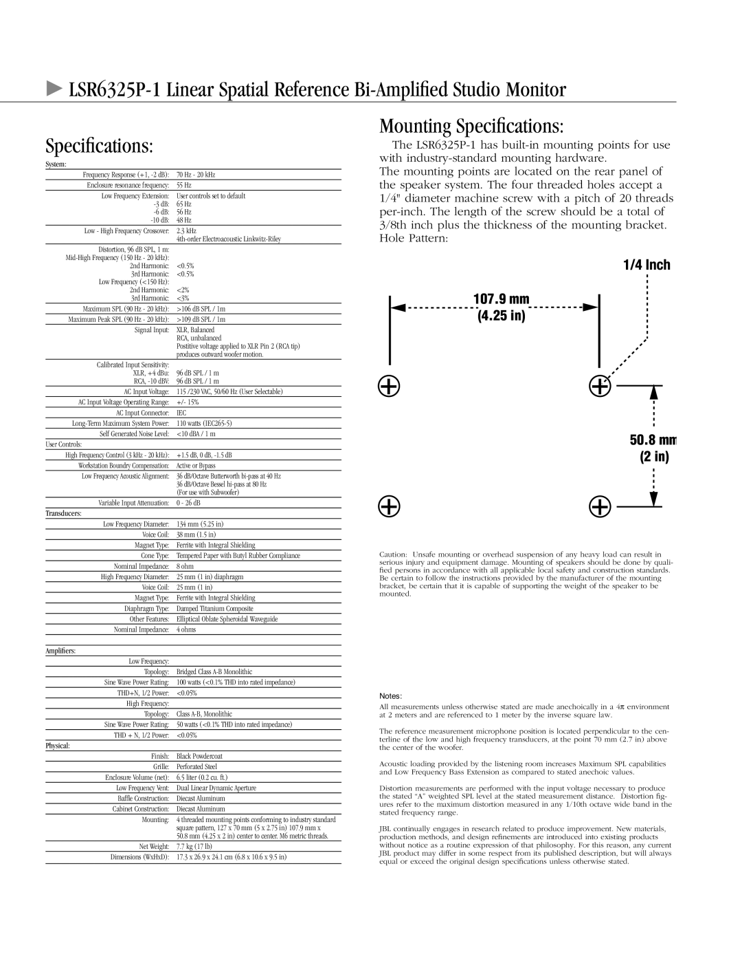 JBL LSR6325P-1 manual Mounting Speciﬁcations 