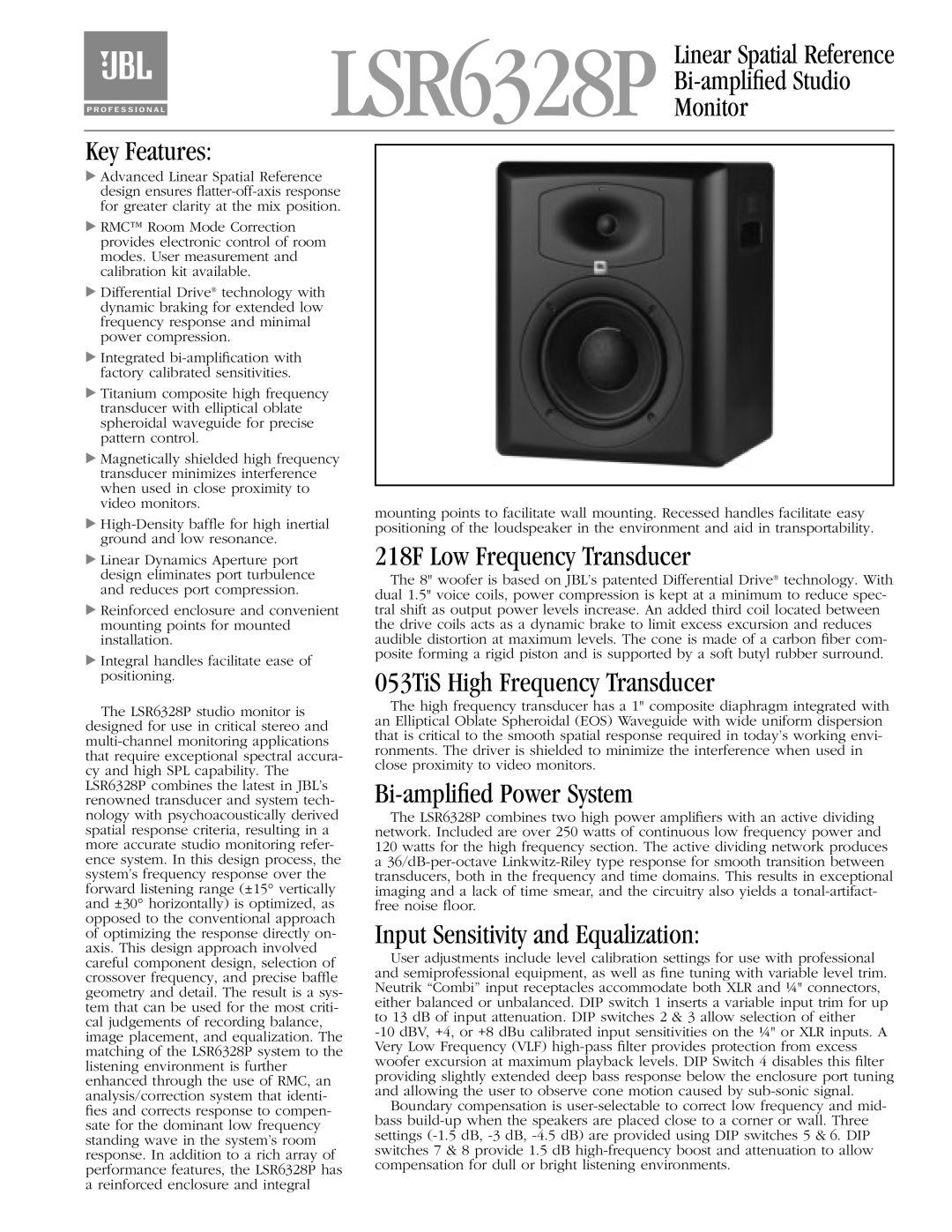 JBL LSR6328P manual 218F Low Frequency Transducer, 053TiS High Frequency Transducer, Bi-ampliﬁed Power System 