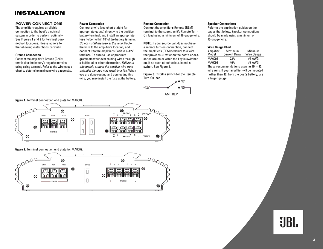 JBL MA6004 Power Connections, Power Connection Remote Connection, Ground Connection, Speaker Connections, Wire Gauge Chart 