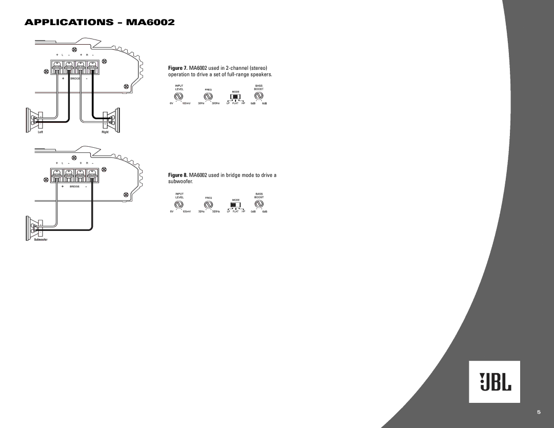 JBL MA6004 owner manual Applications MA6002, MA6002 used in bridge mode to drive a subwoofer 