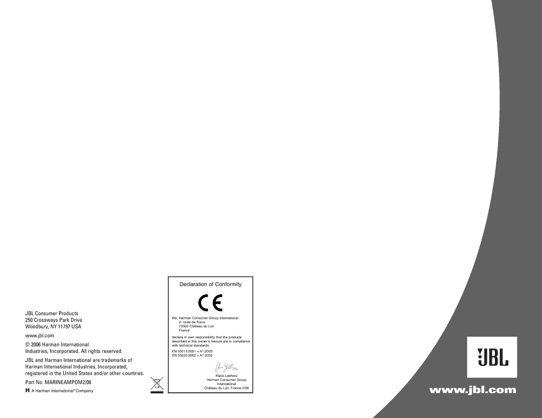 JBL MA6002, MA6004 owner manual Part No. MARINEAMPOM2/06 Declaration of Conformity 