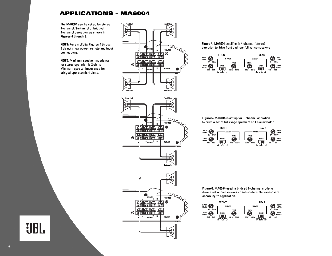 JBL MA6002 owner manual APPLICATIONS - MA6004, Figures 4 through 