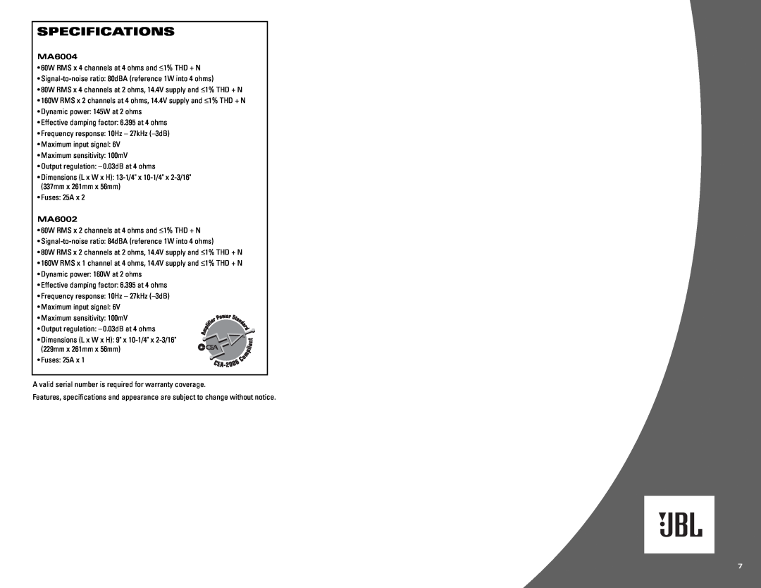 JBL MA6004 owner manual Specifications, MA6002 