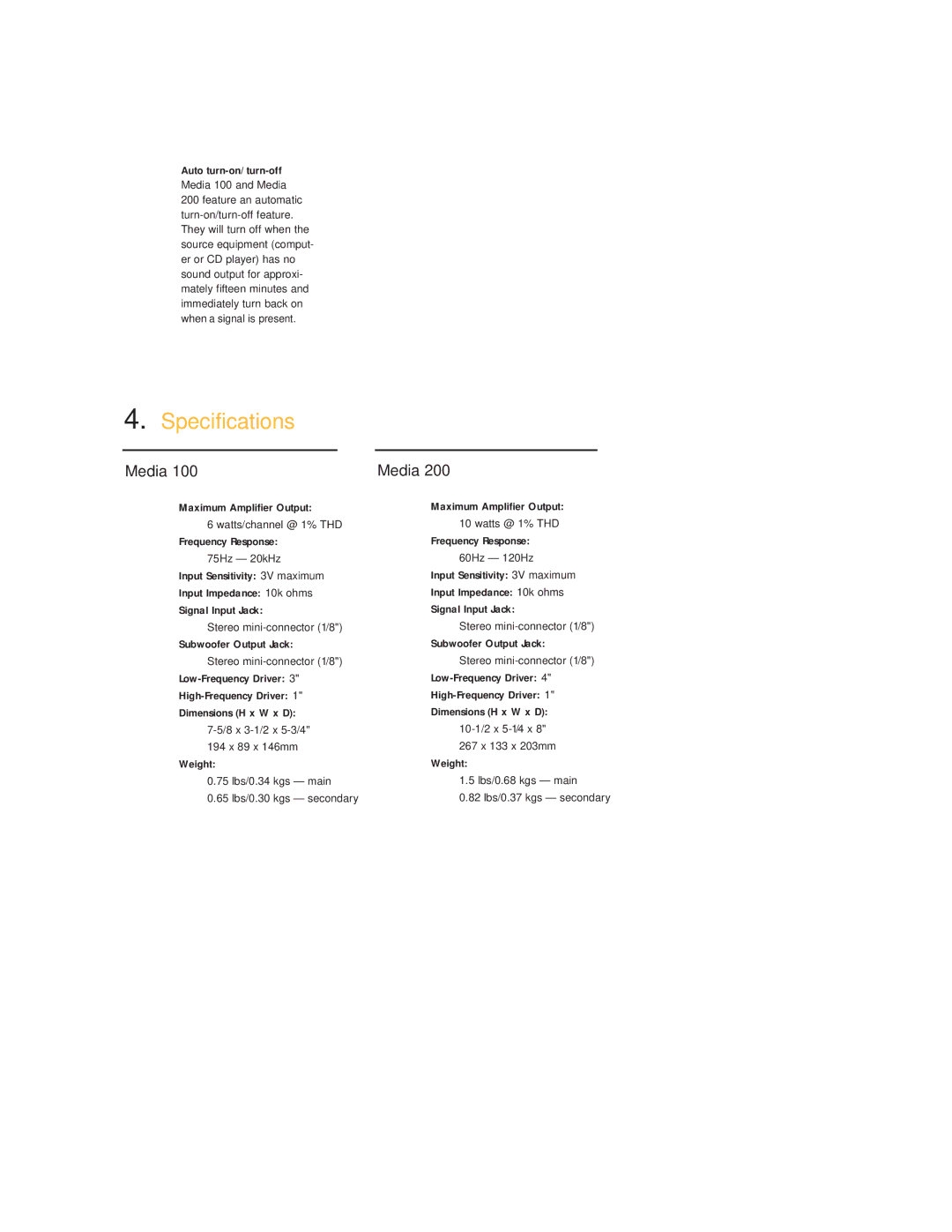 JBL Media100/200 manual Specifications 