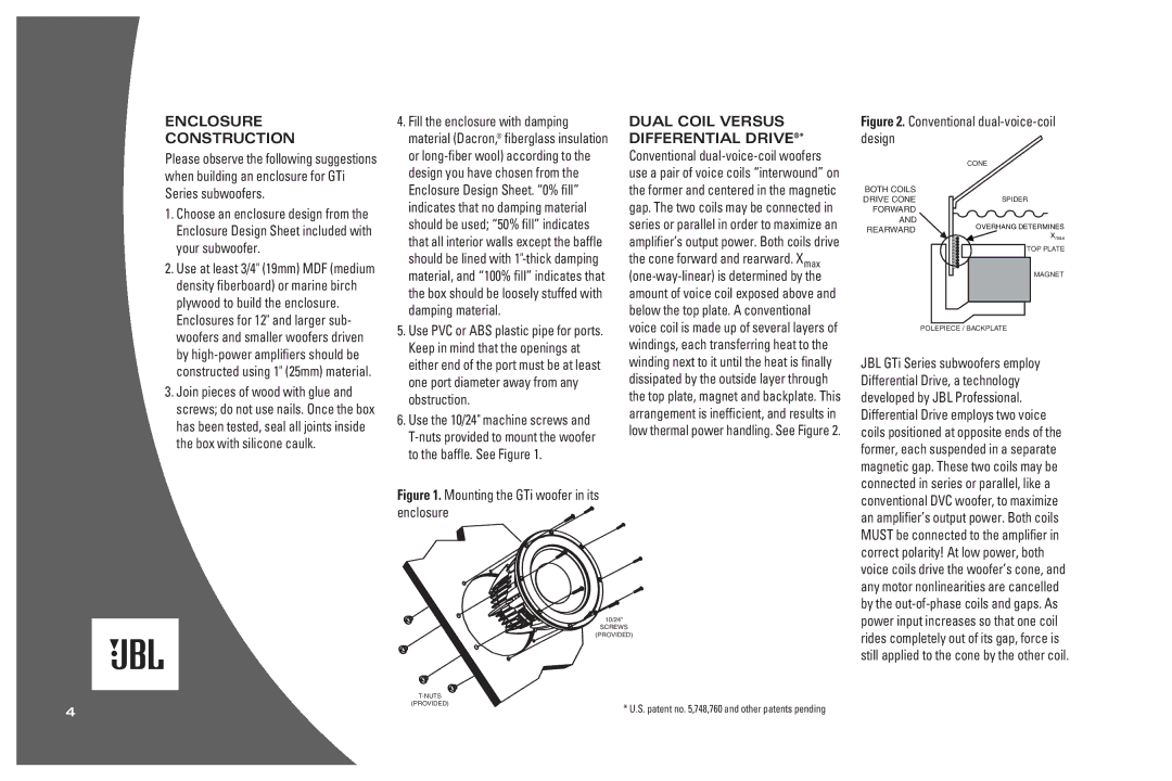 JBL MkII W15GTi, MkII automotive, MkII W10GTi, MkII W12GTi owner manual Enclosure Construction, Dual Coil Versus 