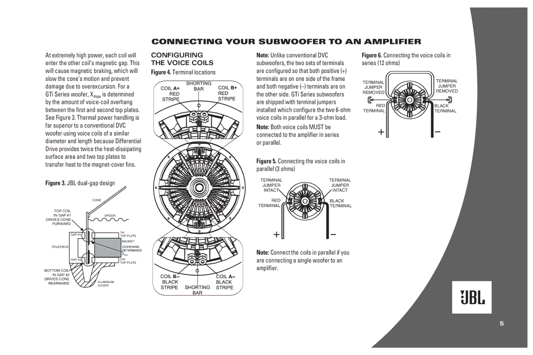 JBL MkII automotive, MkII W15GTi, MkII W10GTi Connecting Your Subwoofer to AN Amplifier, Configuring the Voice Coils 