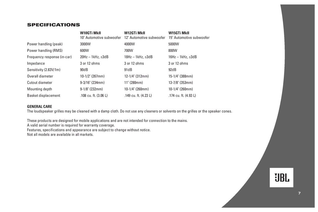 JBL MkII W12GTi, MkII W15GTi, MkII automotive, MkII W10GTi owner manual Specifications, General Care 