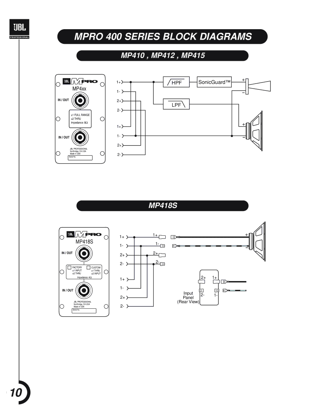 JBL MPro 400 manual Mpro 400 Series Block Diagrams, MP410 , MP412 , MP415, MP418S 