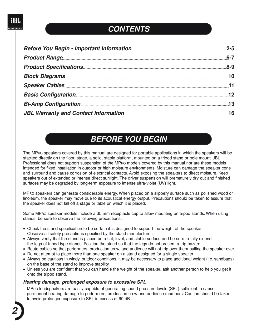 JBL MPro 400 manual Contents, Before YOU Begin 