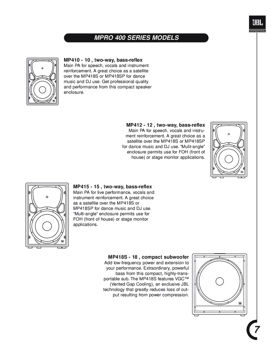 JBL MPro 400 manual Mpro 400 Series Models, MP410 10 , two-way, bass-reflex 