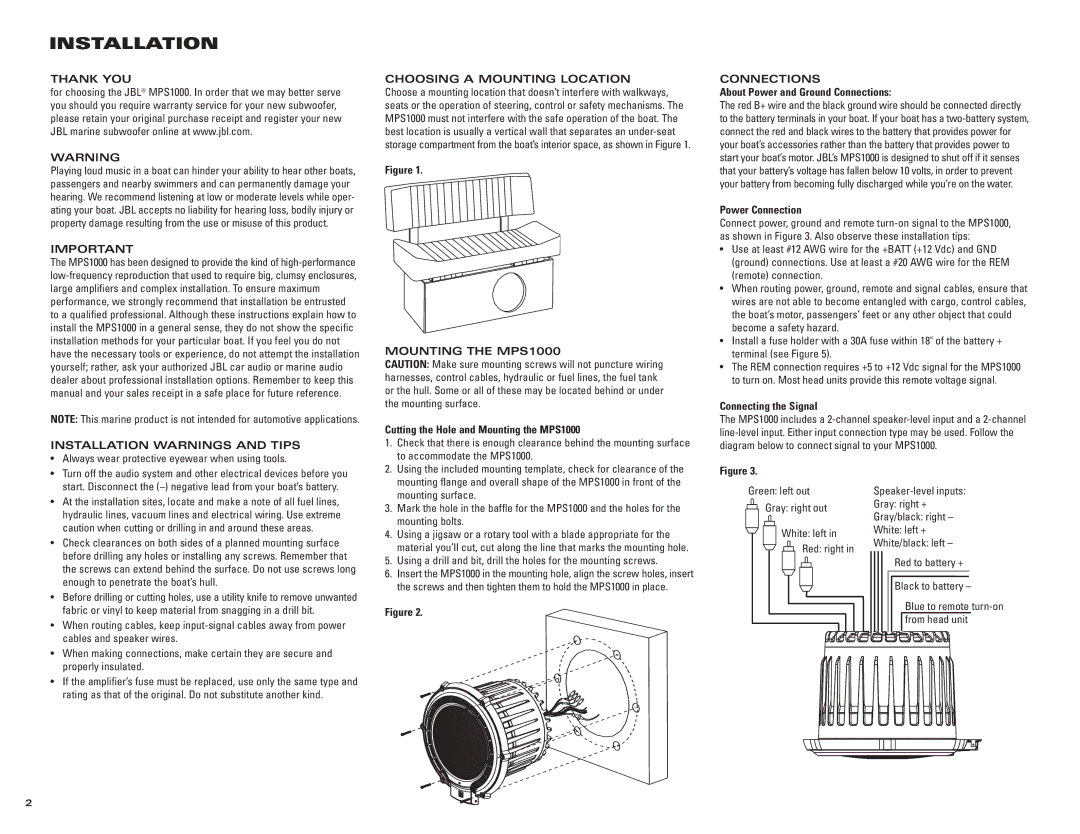 JBL Thank YOU, Installation Warnings and Tips Choosing a Mounting Location, Mounting the MPS1000, Connections 