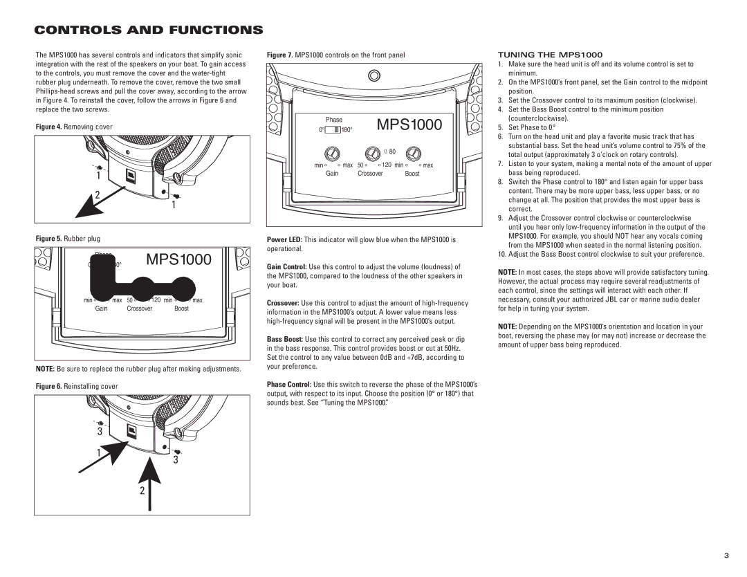 JBL owner manual Controls and Functions, Tuning the MPS1000 