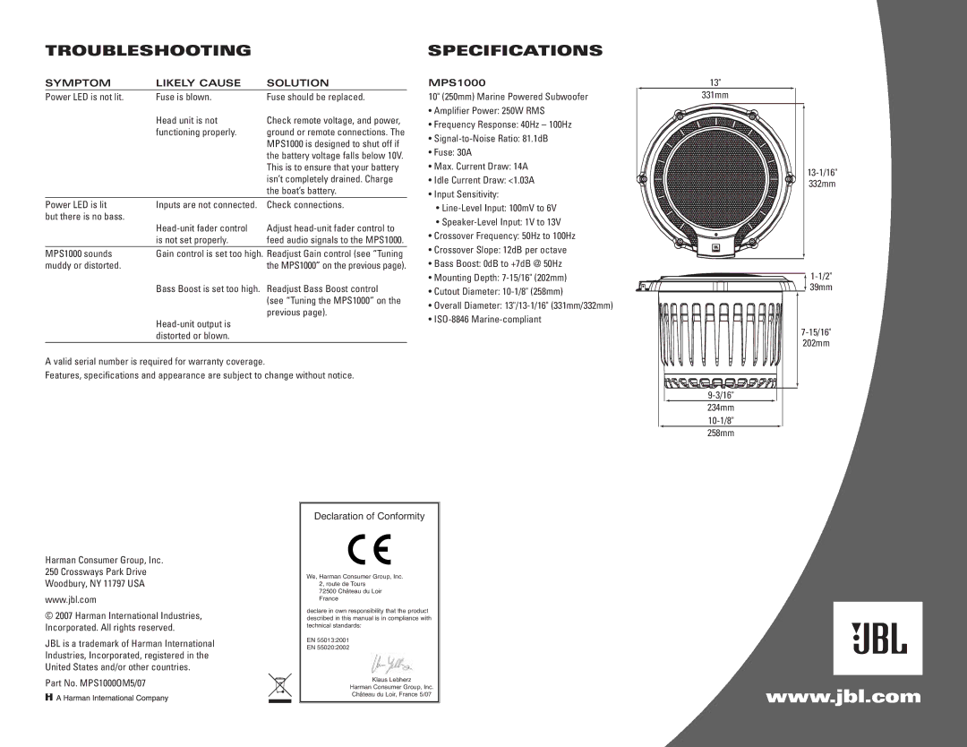 JBL MPS1000 owner manual Troubleshootingspecifications, Symptom Likely Cause Solution 