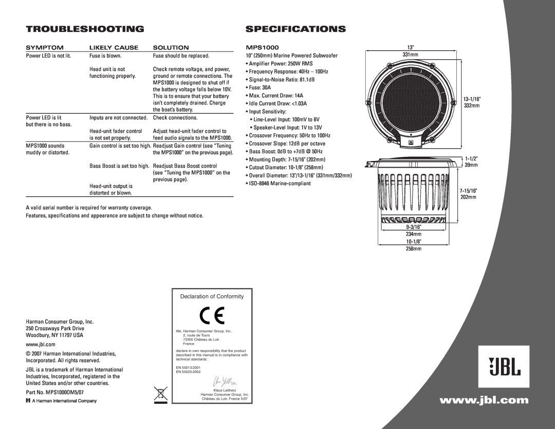 JBL MPS1000 owner manual Troubleshootingspecifications 