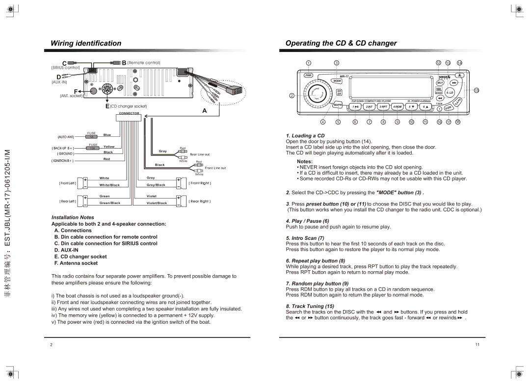 JBL MR-17 operation manual Wiring identification, Operating the CD & CD changer 