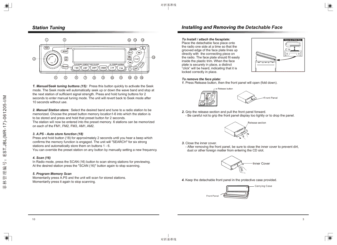 JBL MR-17 operation manual Station Tuning Installing and Removing the Detachable Face 