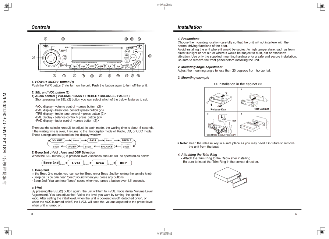 JBL MR-17 operation manual Controls Installation, Installation in the cabinet 