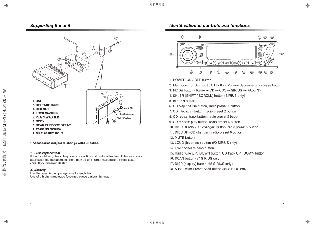 JBL MR-17 Power on / OFF button, Mode button Radio CD CDC Sirius AUX-IN, SH. SR Shift / Scroll button Sirius only 