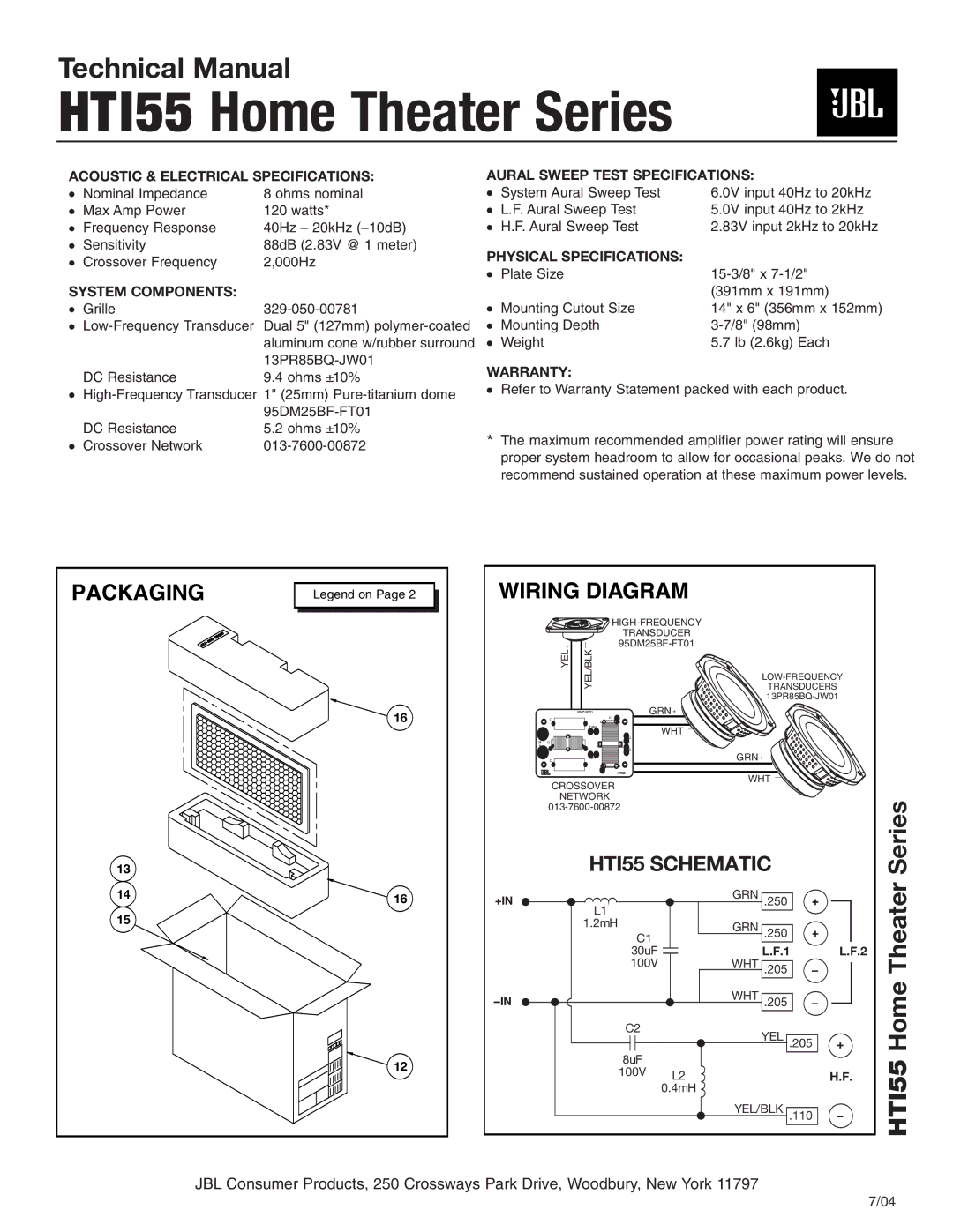 JBL MRK-300ST-BK technical manual HTI55 Home Theater Series, Packaging 