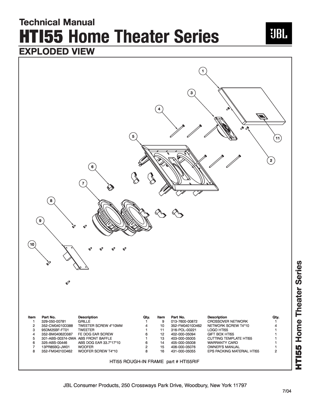 JBL MRK-300ST-BK technical manual Exploded View, HTI55 Home Theater Series, Technical Manual 