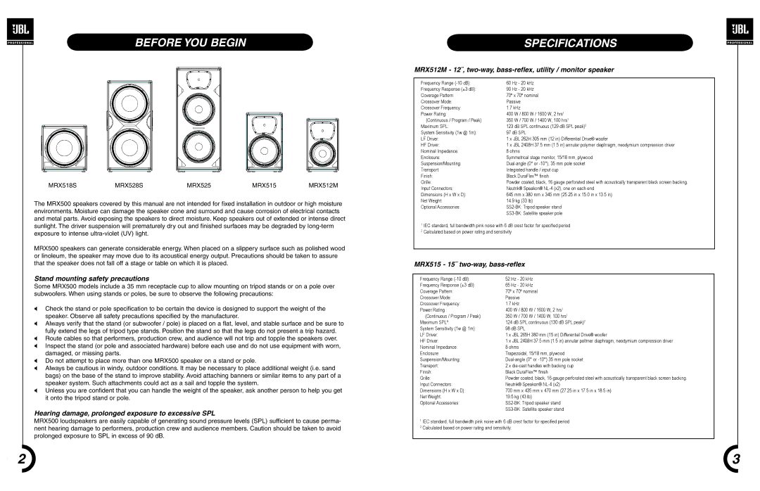 JBL MRX 518S, MRX 515 Before YOU Begin, Specifications, Stand mounting safety precautions, MRX515 15¨ two-way, bass-reflex 