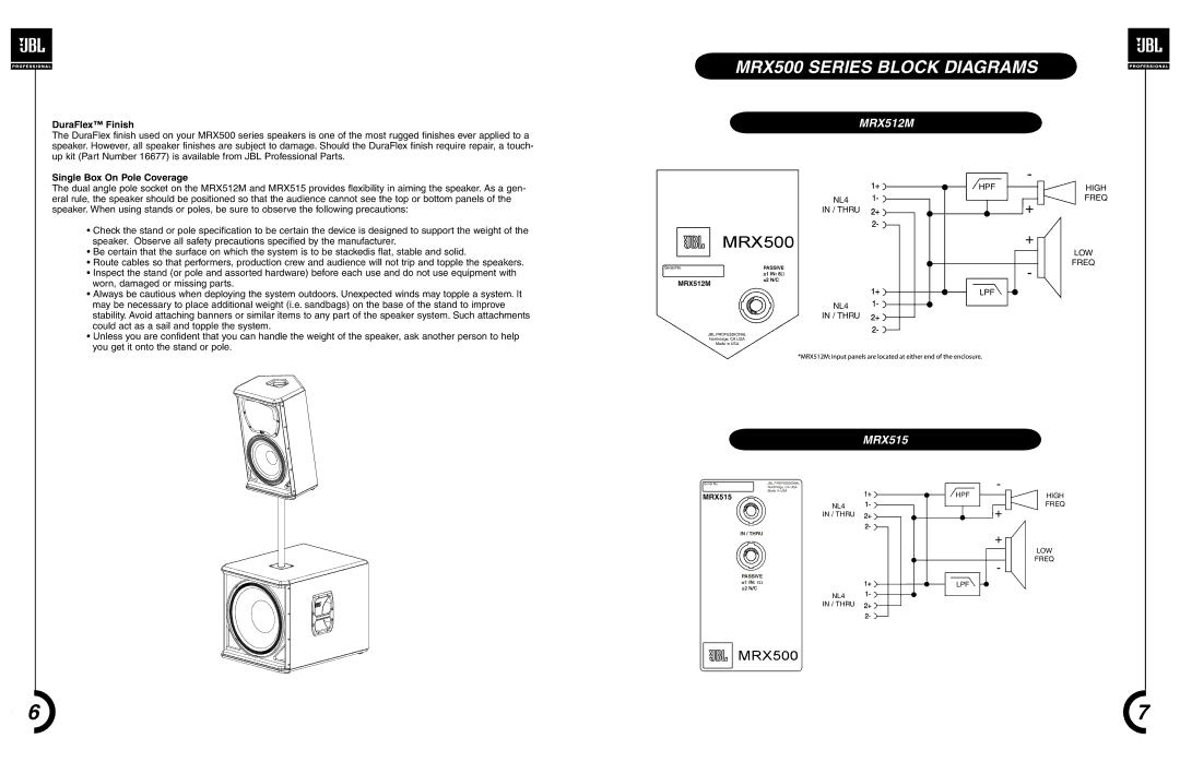 JBL MRX 500, MRX 528S, MRX 515, MRX 525, MRX 518S, MRX 512M manual MRX500 Series Block Diagrams, DuraFlex Finish 