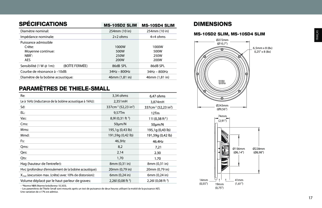 JBL MS-10SD2 SLIM, MS-10SD4 SLIM owner manual Spécifications, Paramètres DE THIELE-SMALL 