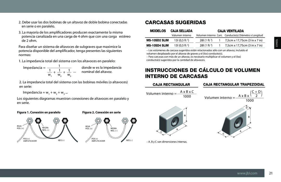 JBL MS-10SD2 SLIM owner manual Carcasas Sugeridas, Instrucciones DE Cálculo DE Volumen Interno DE Carcasas, Caja Ventilada 