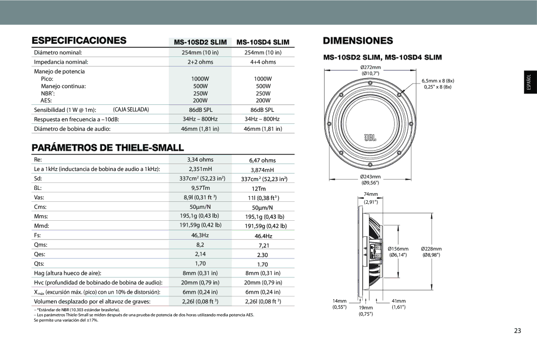 JBL MS-10SD2 SLIM, MS-10SD4 SLIM owner manual Especificaciones, Parámetros DE THIELE-SMALL, Dimensiones 