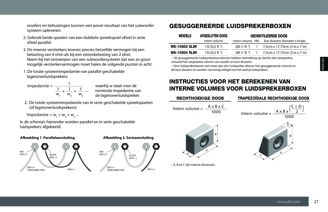 JBL MS-10SD2 SLIM, MS-10SD4 SLIM owner manual Gesuggereerde Luidsprekerboxen, Models, Geventileerde Doos, Rechthoekige Doos 