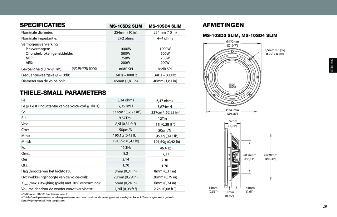 JBL MS-10SD2 SLIM, MS-10SD4 SLIM owner manual Specificaties, Afmetingen 