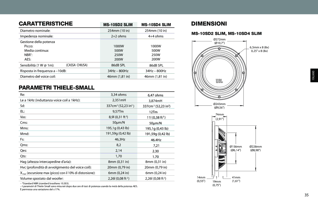 JBL MS-10SD2 SLIM, MS-10SD4 SLIM owner manual Caratteristiche, Parametri THIELE-SMALL, Dimensioni 