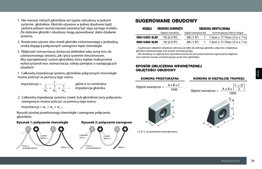 JBL MS-10SD2 SLIM Sugerowane Obudowy, Obudowa Wentylowana, Sposób Obliczenia Wewnętrznej Objętości Obudowy, 28l 1 ft³ 