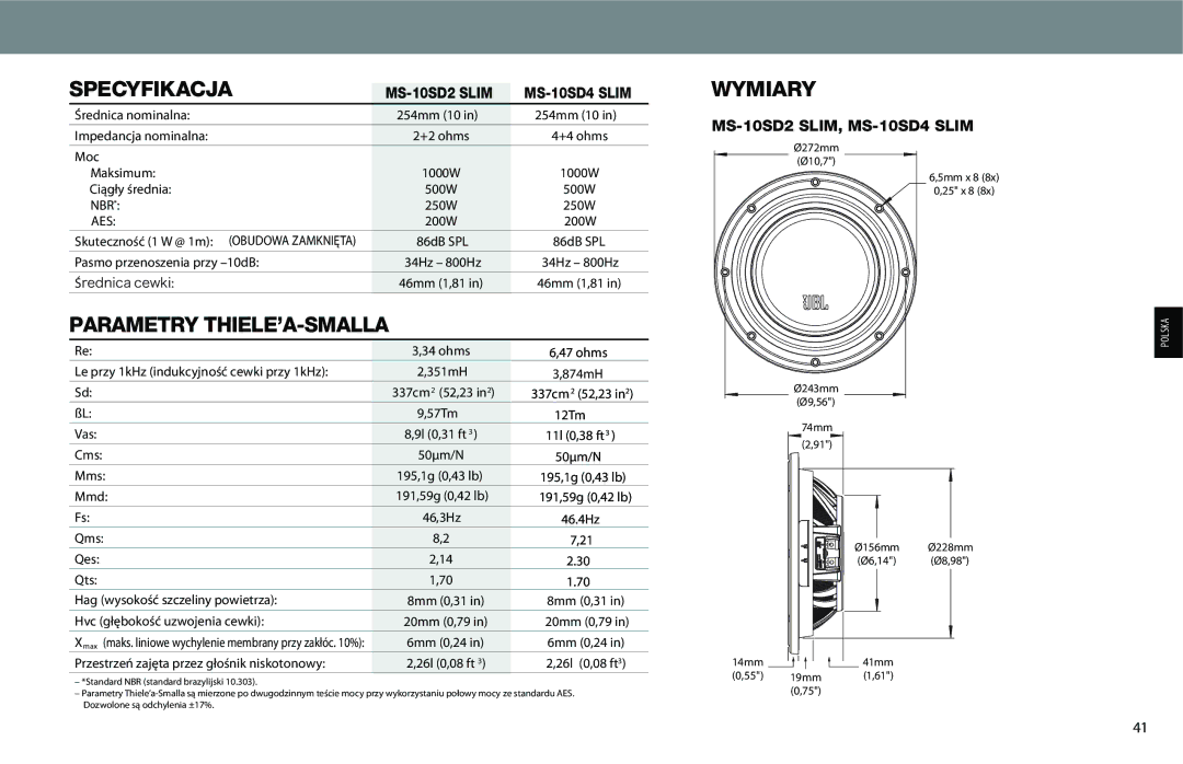 JBL MS-10SD2 SLIM, MS-10SD4 SLIM owner manual Specyfikacja, Parametry THIELE’A-SMALLA, Wymiary 