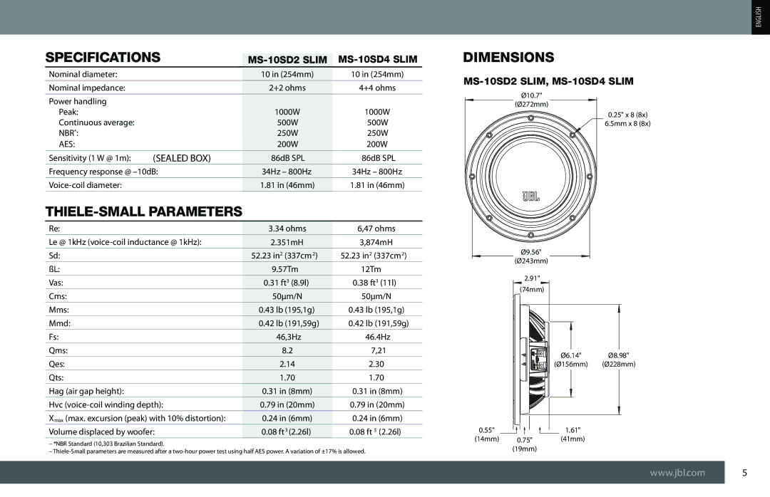 JBL MS-10SD2 SLIM, MS-10SD4 SLIM Specifications, THIELE-SMALL Parameters, Dimensions, MS-10SD2 Slim MS-10SD4 Slim 