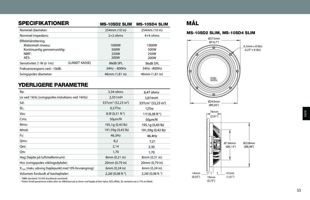 JBL MS-10SD2 SLIM, MS-10SD4 SLIM owner manual Specifikationer, Yderligere Parametre, Mål 