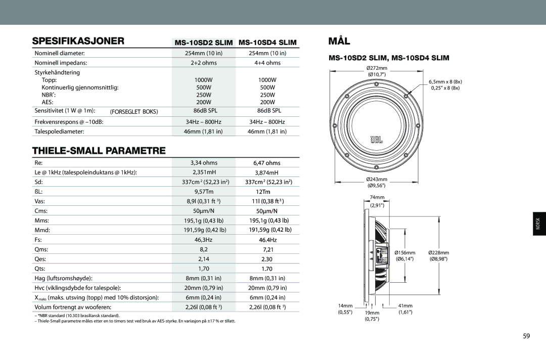 JBL MS-10SD2 SLIM, MS-10SD4 SLIM owner manual THIELE-SMALL Parametre 